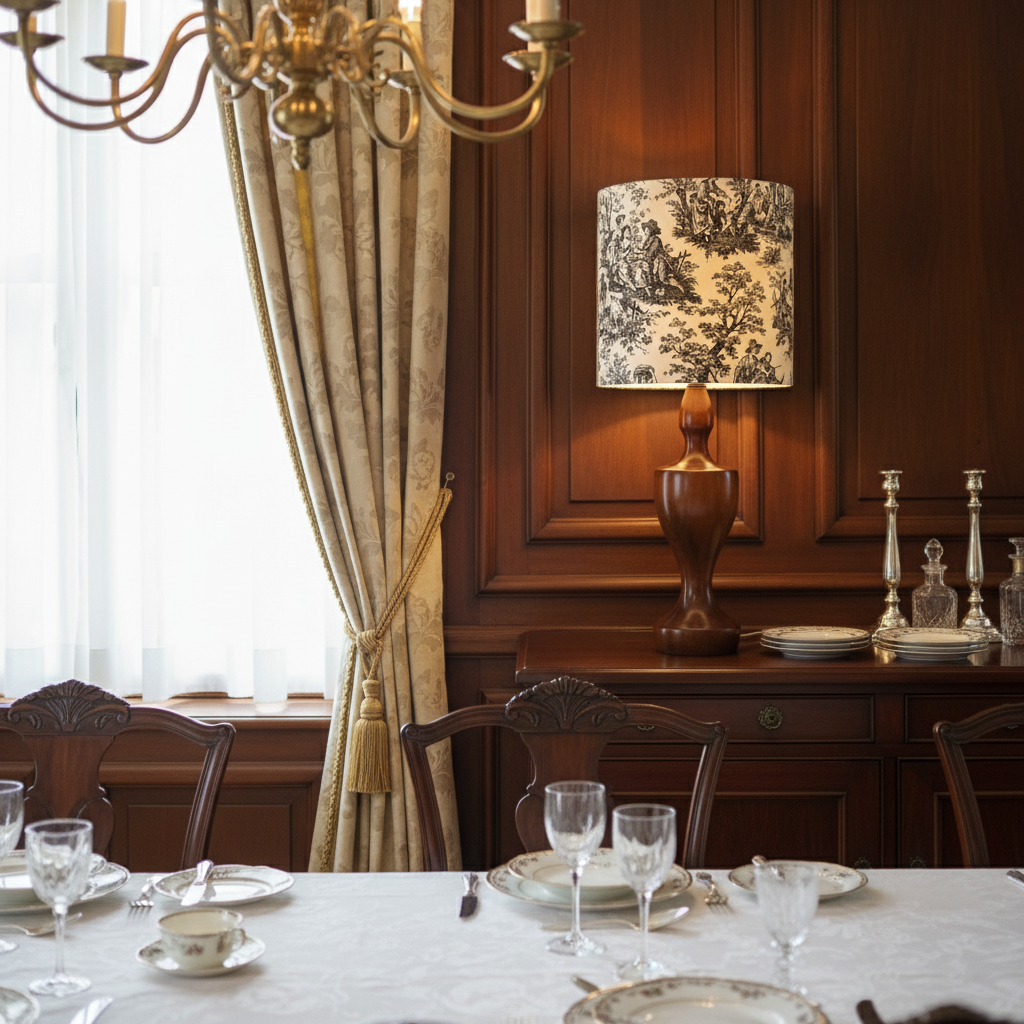 Extra Large Hardwood Carved Lamp with Waverly County Life Toile Lampshade