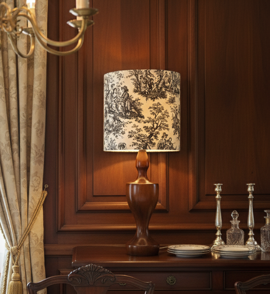 Extra Large Hardwood Carved Lamp with Waverly County Life Toile Lampshade