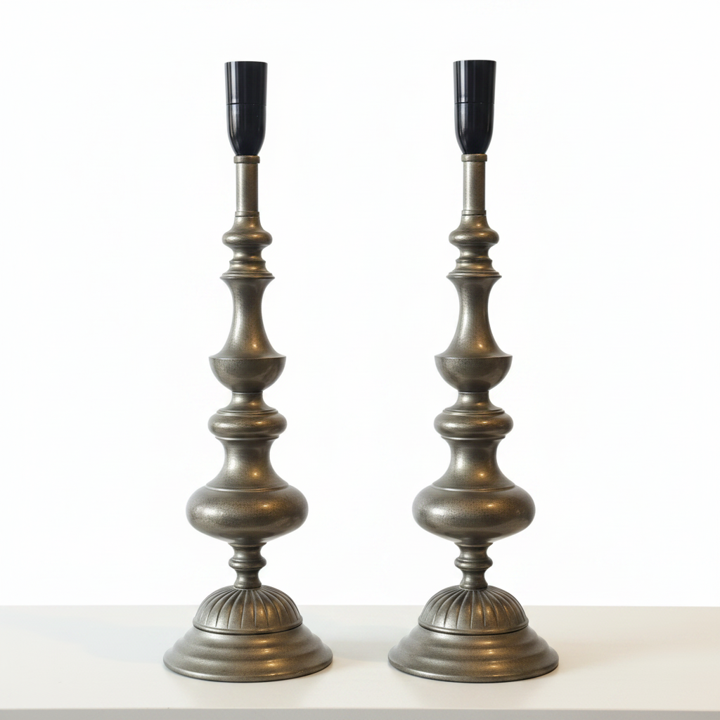 two vintage-style metal candlestick lamp base with a fluted pedestal design, on a white background