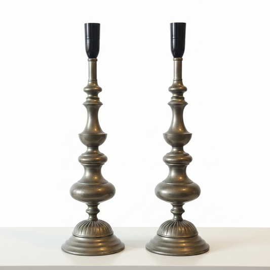 two vintage-style metal candlestick lamp base with a fluted pedestal design, on a white background