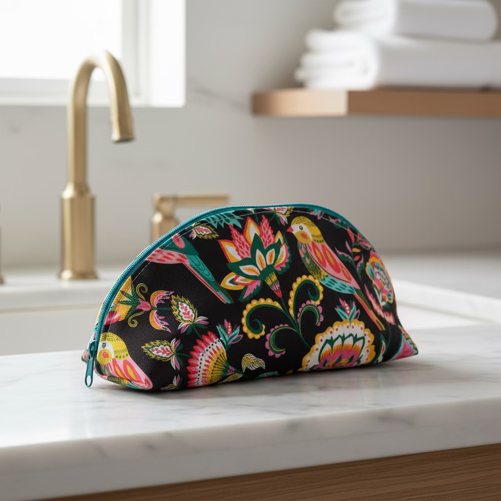 A fabric zippered pouch with a black background and a colorful bird and floral pattern, placed on a light surface with cardboard boxes in the background.
