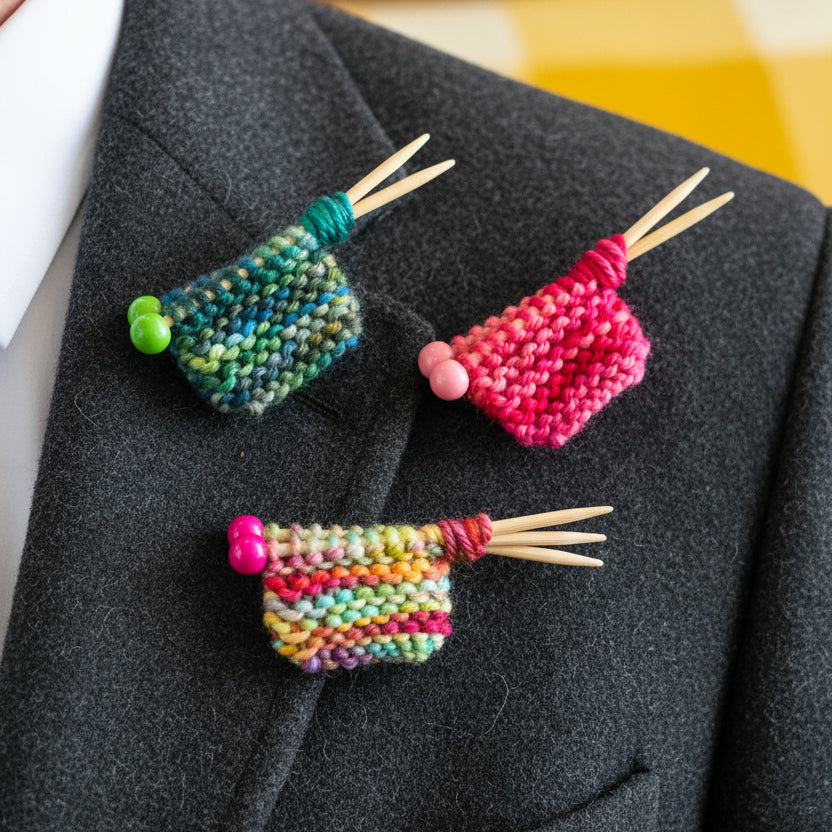 Three small knitted yarn pieces on wooden double-point needles, each attached to a white card labeled 'Knitter's Brooch,' arranged on a yellow textured blanket.