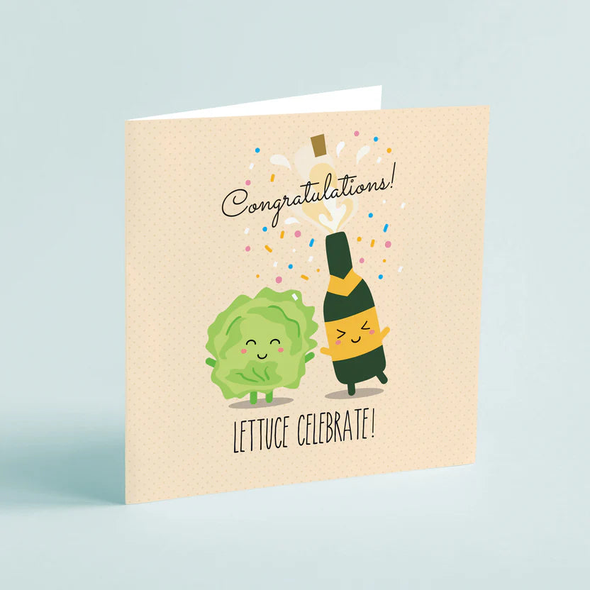 Greeting card with cartoon lettuce and bottle of champagne on a beige background