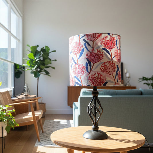 Decorative lamp with floral pattern on a wooden table in a store setting
