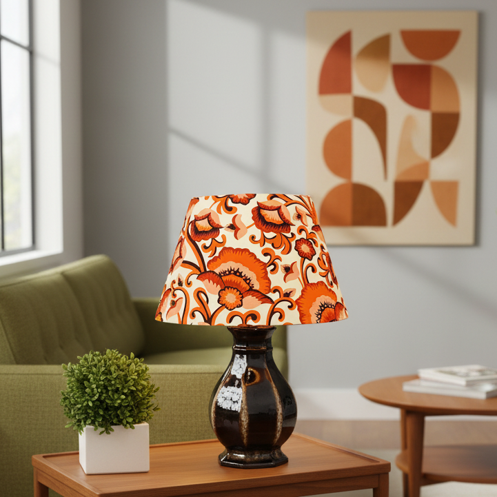 A table lamp with a dark brown glossy ceramic base and a pleated shade featuring a retro orange, brown, and cream floral pattern, styled on a wooden side table in a living room setting.