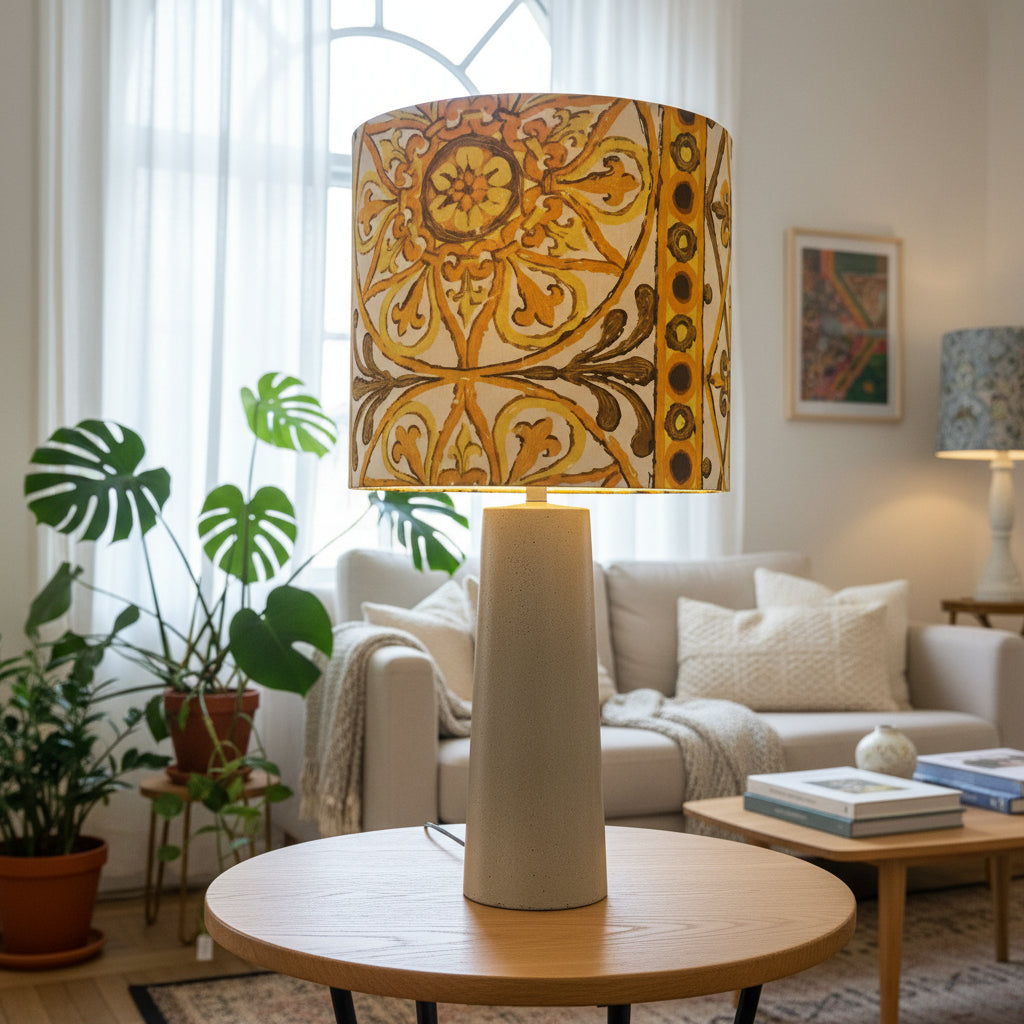 Gold Concrete Pillar Table Lamp with Vintage Lacework Shade (pair available)