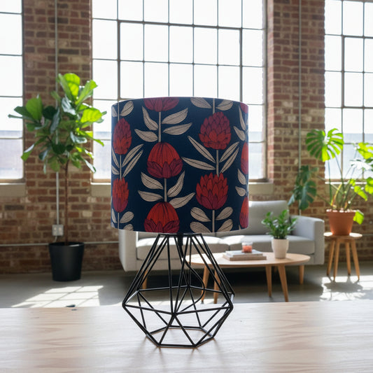 Black Caged Sphere with Proteas on Navy Shade