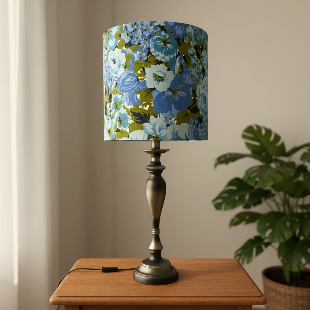 Ornate Pewter Look Table Lamp with Vintage Floral in Blue Shade (pair available)