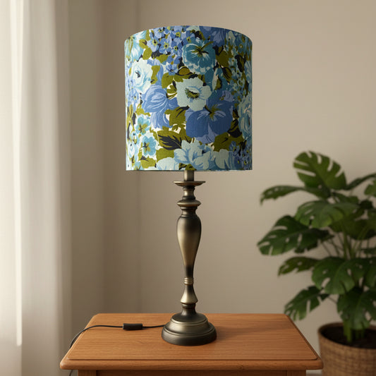 Ornate Pewter Look Table Lamp with Vintage Floral in Blue Shade (pair available)