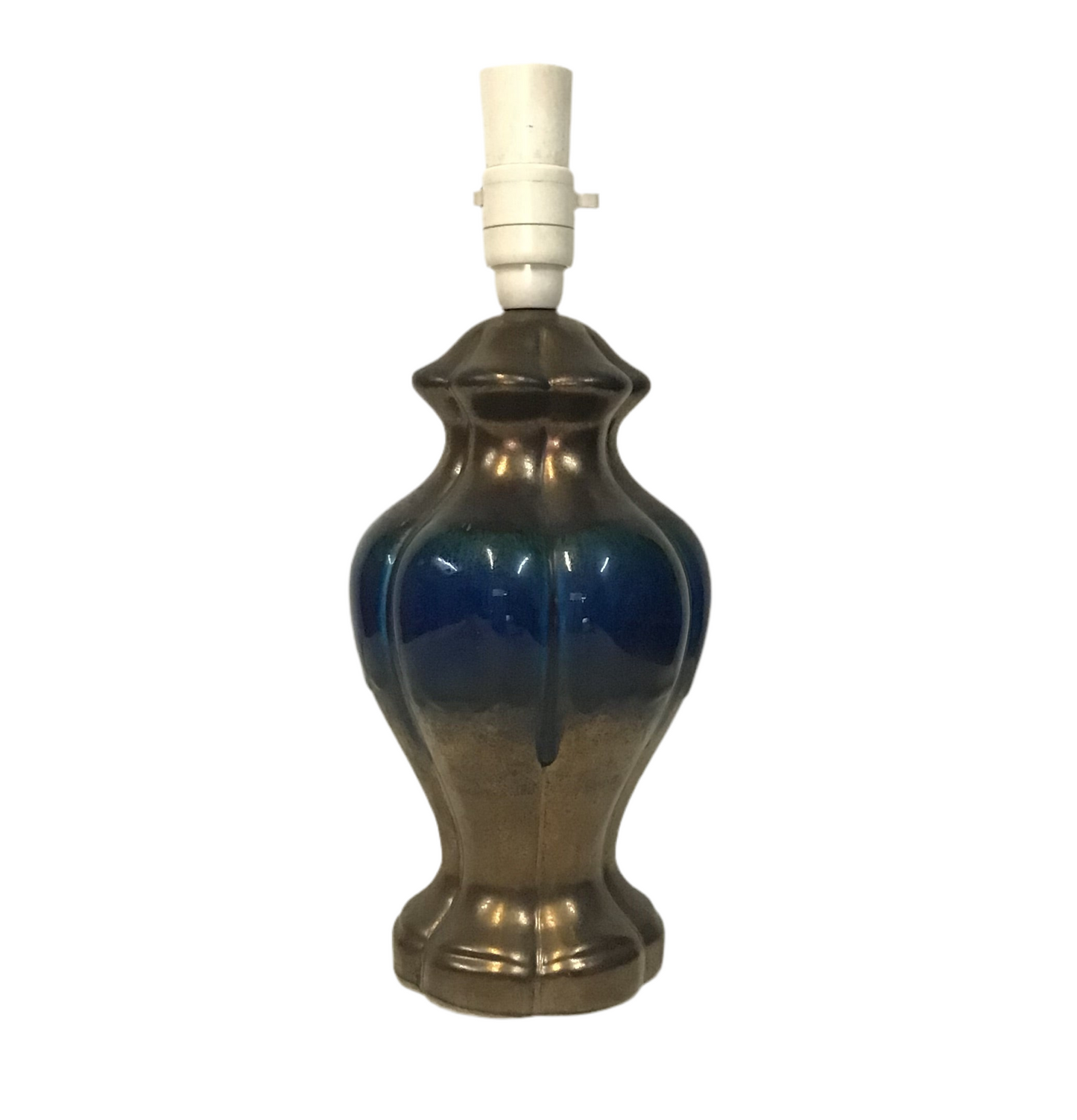 Decorative lamp with blue and gold design on a white background