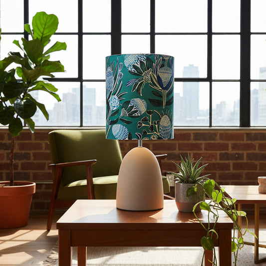 Concrete Bullet Table Lamp with Blue Green Natives Shade