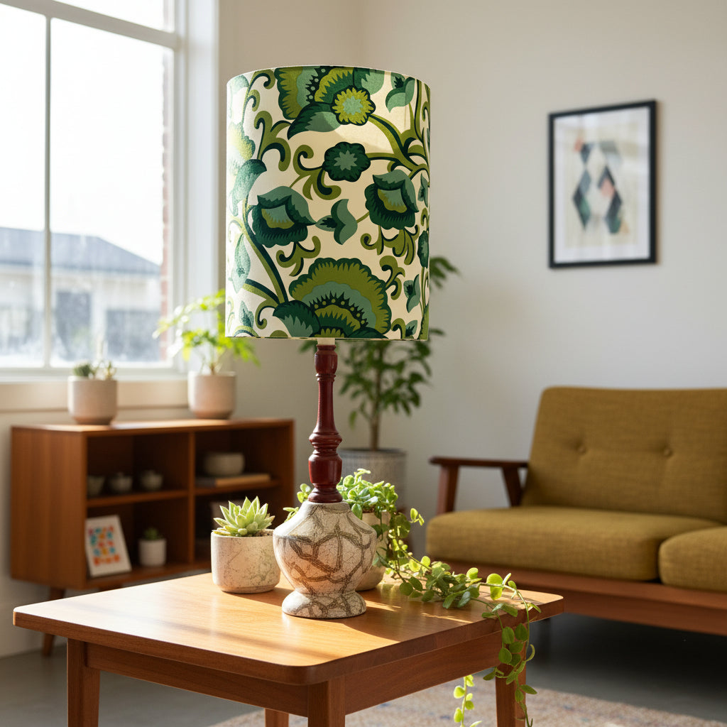 A table lamp with a cylindrical drum shade featuring a green and beige floral vine pattern, set on a wooden table in a modern living room.