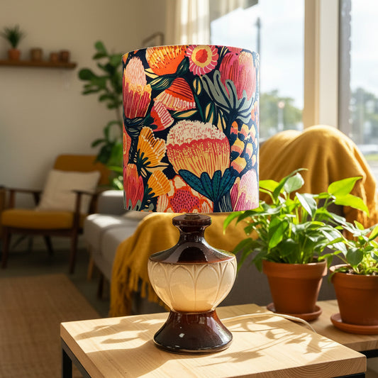MCM Chocolate & Cream Ceramic Table Lamp with Sketchie Floral Shade