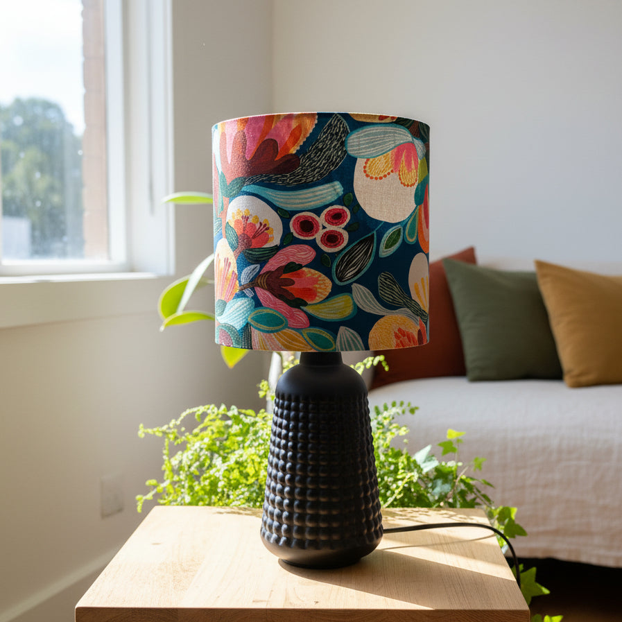 Black Ceramic Dimpled Table Lamp with Bright Floral Shade (pair available)