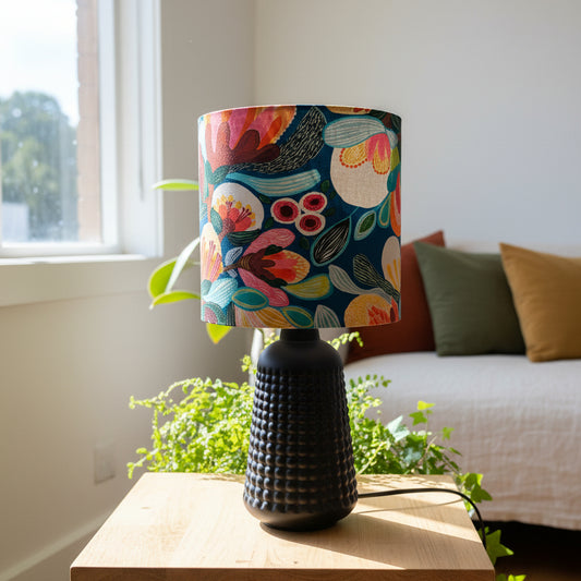 Black Ceramic Dimpled Table Lamp with Bright Floral Shade (pair available)