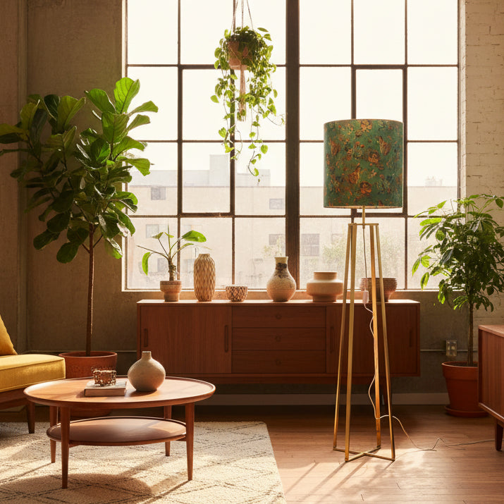 Tall floor lamp with a decorative green lampshade in an office setting.