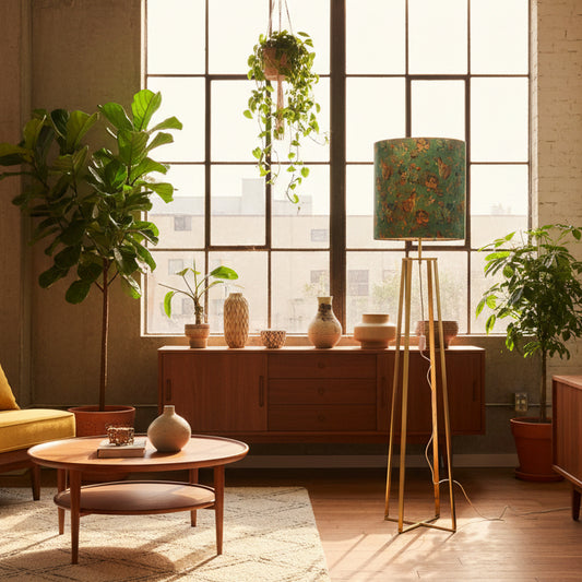 Tall floor lamp with a decorative green lampshade in an office setting.