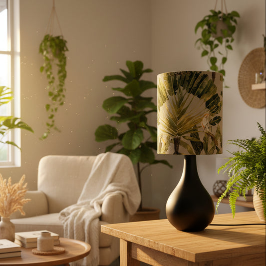 Black Ceramic Raindrop Table Lamp with Jungle Palms Shade (pair available)