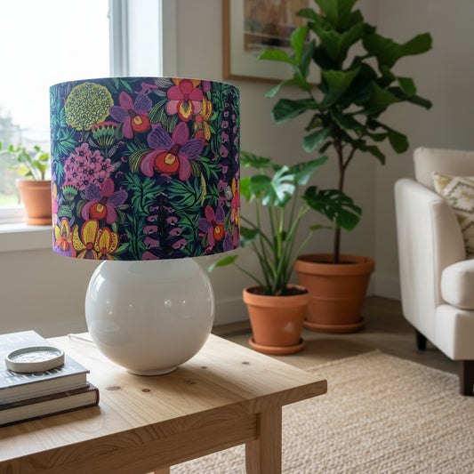 Bulbed White Ceramic Table Lamp with Orchids on Navy Shade