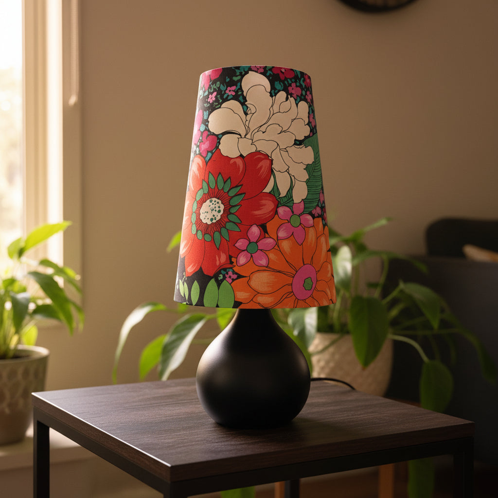 Mini Black Ceramic Tear Drop Table Lamp with Midnight Floral Shade