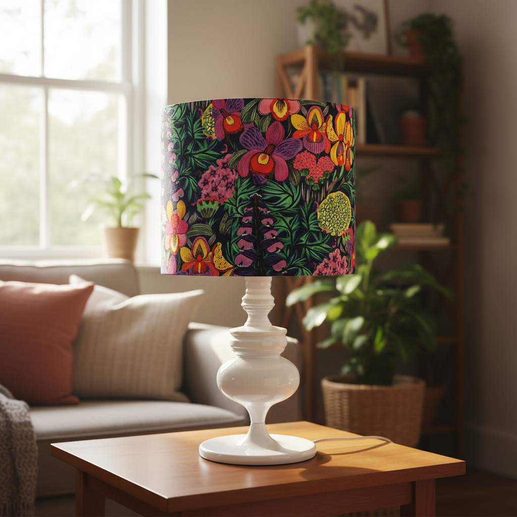 A table lamp with a white ceramic base and a colorful floral drum shade, set on a wooden table in a cozy, softly lit living room.