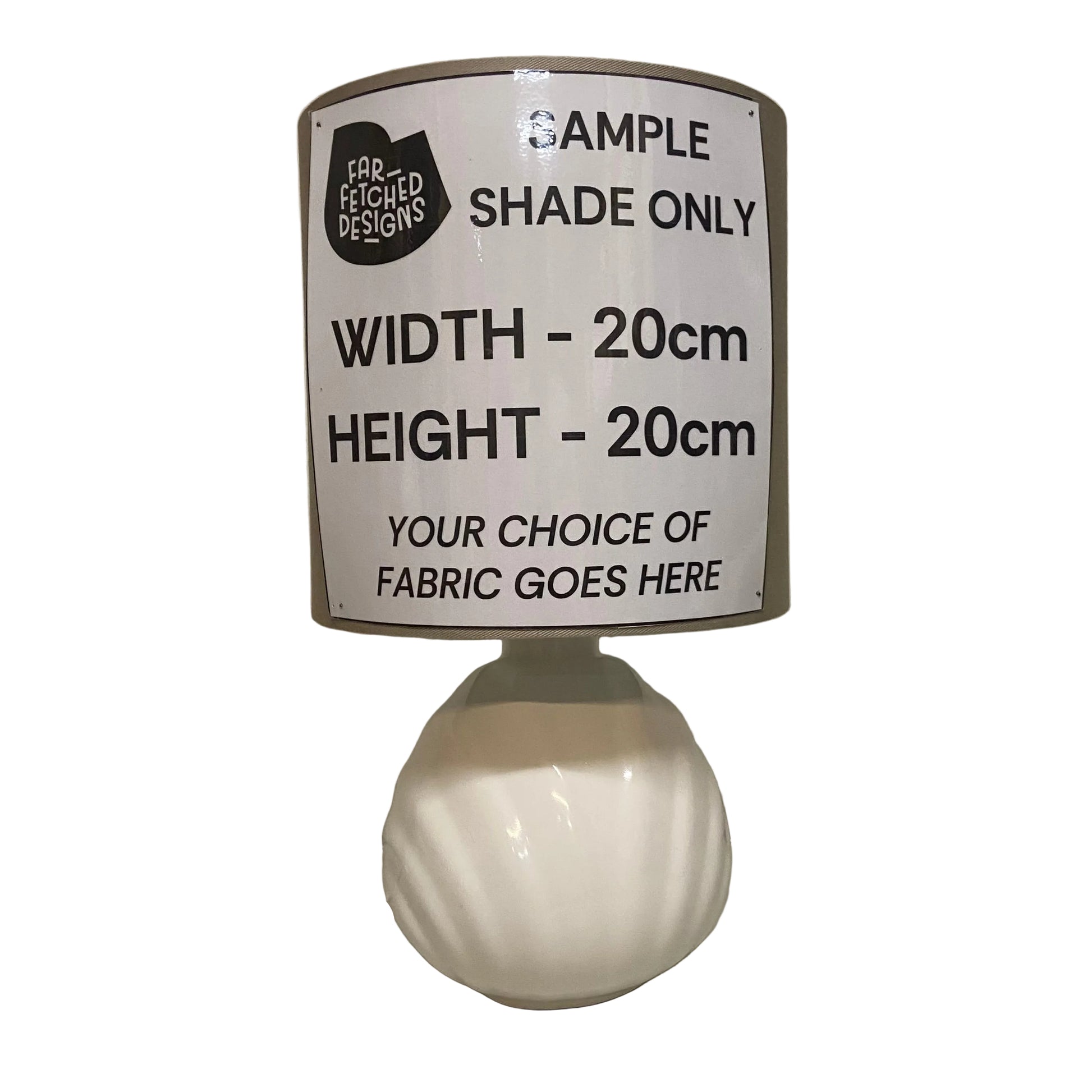 White lampshade with text on a plain background