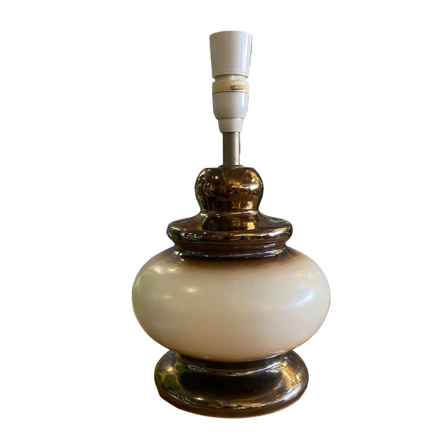 MCM Copper & Cream Ceramic Table Lamp with Vintage Green Floral Shade