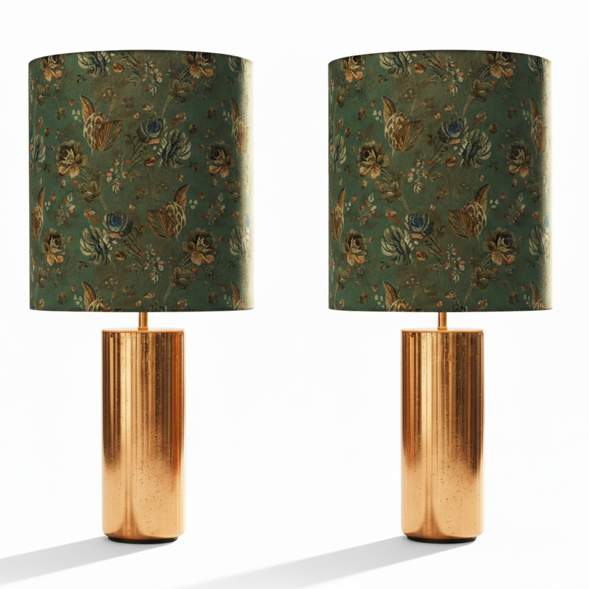 Two matching table lamps with cylindrical rose-gold metallic bases and matching green drum shades featuring a vintage floral pattern in muted blue, gold, and brown tones, set against a plain white background.