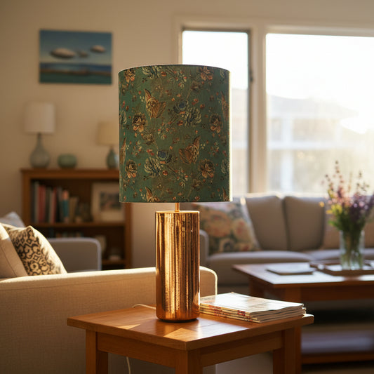 A table lamp with a sage velvet floral patterned drum shade and a metallic copper cylindrical base, displayed in a cozy lounge room