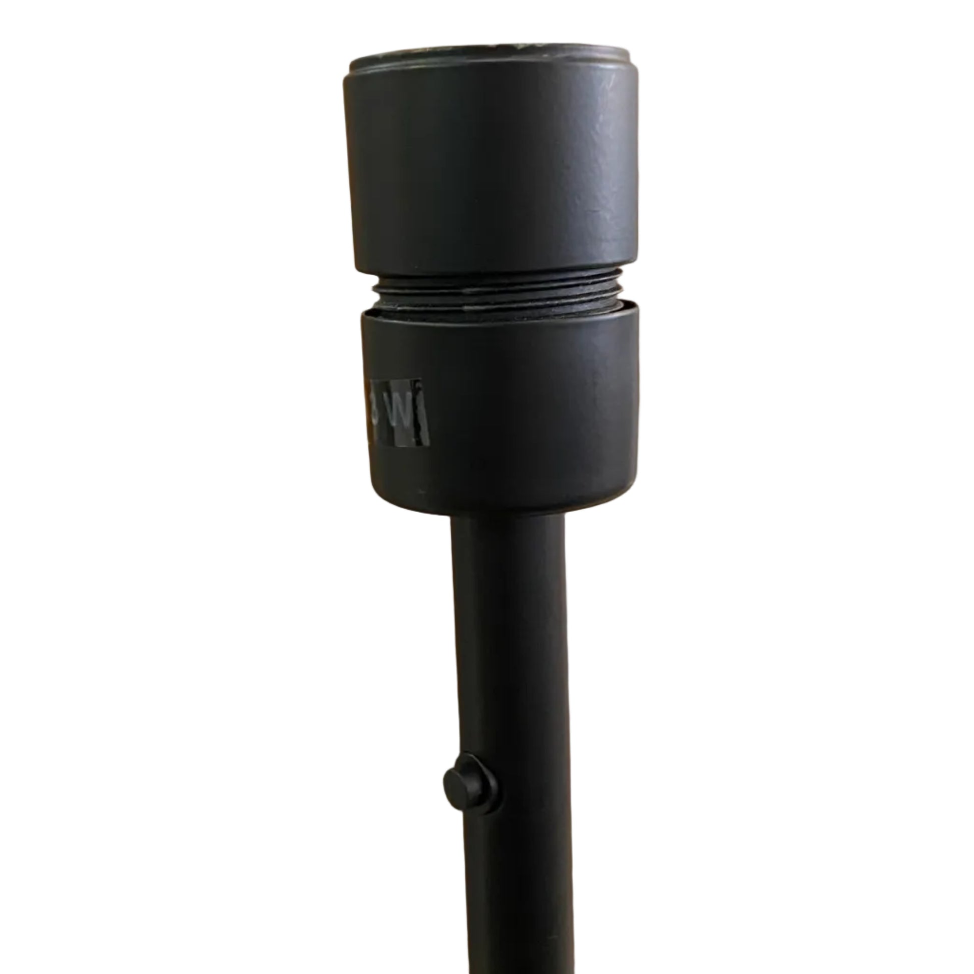 A close-up of a black stand floor lamp  on a white background