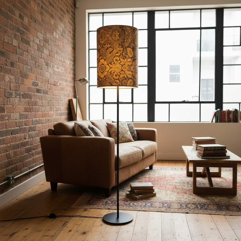 A tall floor lamp with a patterned gold and brown drum shade stands in a modern loft-style living room with a brick wall, tan sofa, wooden coffee table, and large black-framed windows.