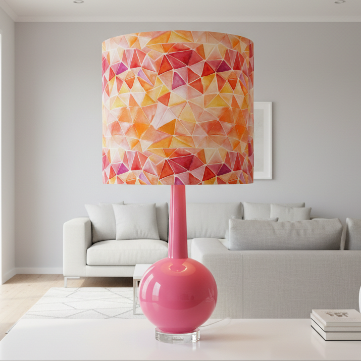 A modern table lamp with a glossy hot pink spherical base and a cylindrical drum shade featuring a colorful geometric triangle pattern in orange, yellow, and pink, styled on a white coffee table in a bright, contemporary living room.