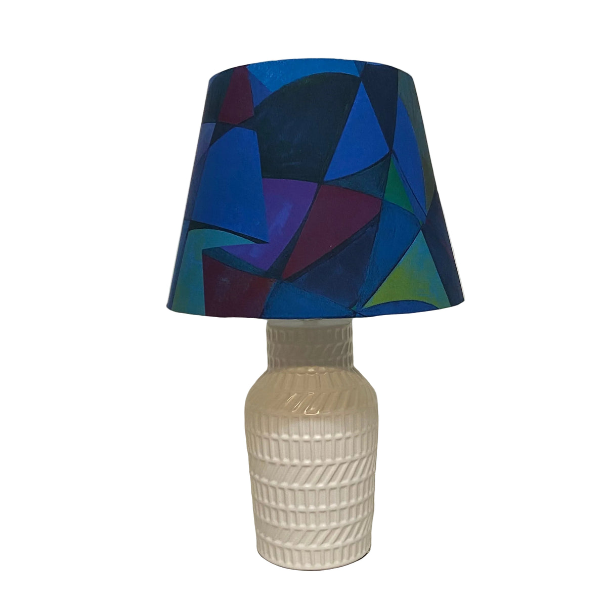 White Ceramic Hatched Shaped Ridged Table Lamp with Urban Mosaic Shade