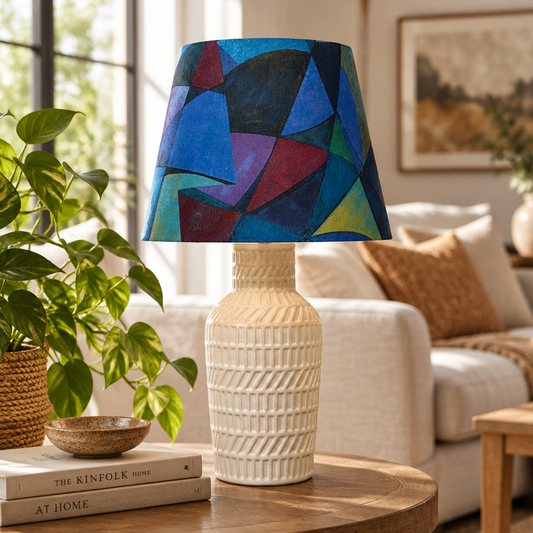 White Ceramic Hatched Shaped Ridged Table Lamp with Urban Mosaic Shade