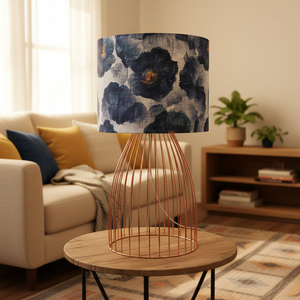 Copper Wire Caged Table Lamp with Indigo Floral Shade (pair available)
