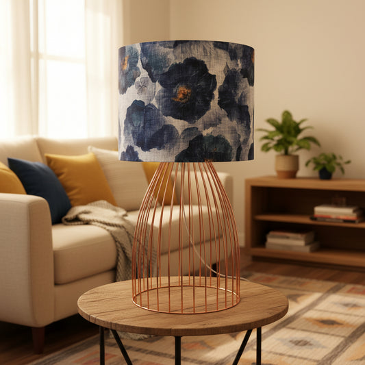 Copper Wire Caged Table Lamp with Indigo Floral Shade (pair available)