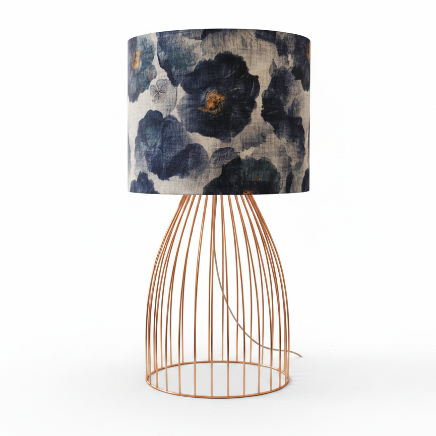 Copper Wire Caged Table Lamp with Indigo Floral Shade (pair available)