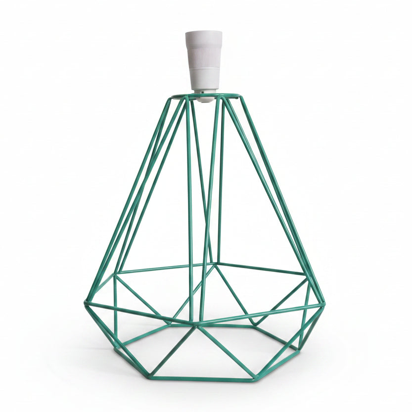 A green geometric wireframe table lamp with a white screw-in socket and cord, displayed on a whote background