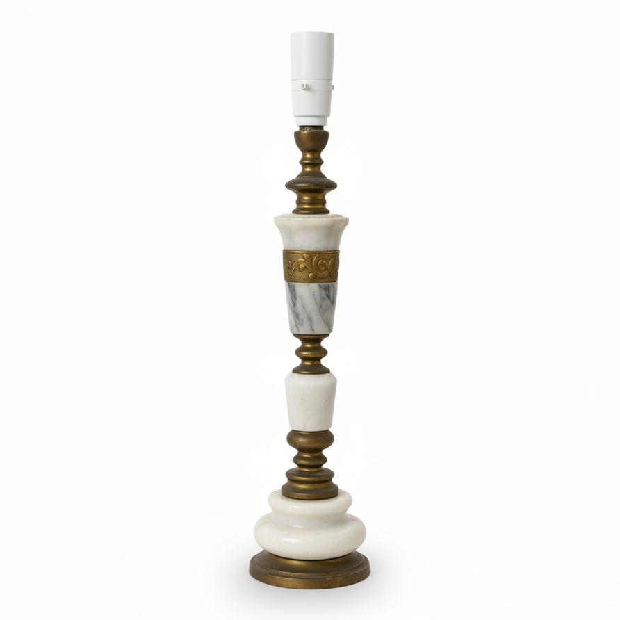 A vintage-style candlestick table lamp with a white ceramic body and dark metal accents, displayed on a white background