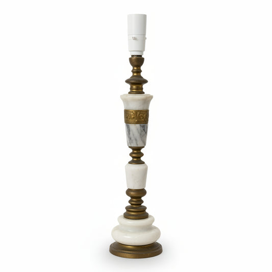 A vintage-style candlestick table lamp with a white ceramic body and dark metal accents, displayed on a white background