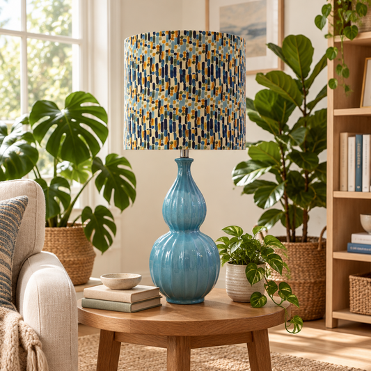 Frosted Blue Rippled Glass Table Lamp with Modstripe Abstract Shade