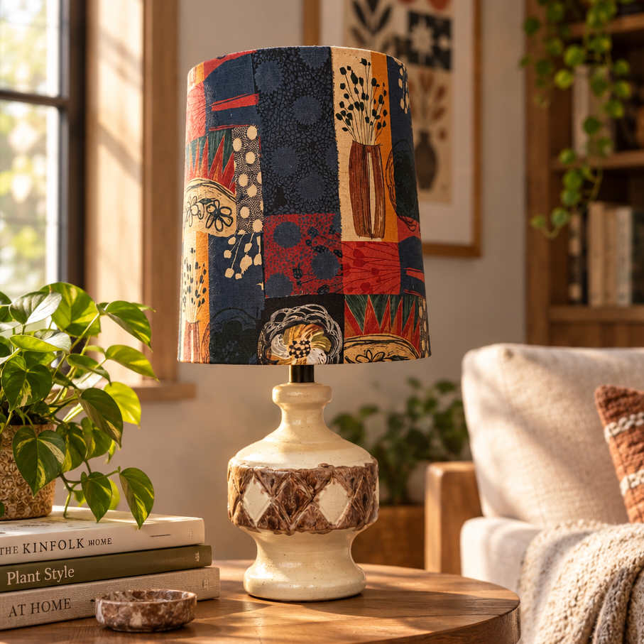 MCM Sculptural Ceramic Table Lamp with Modern Patch Shade