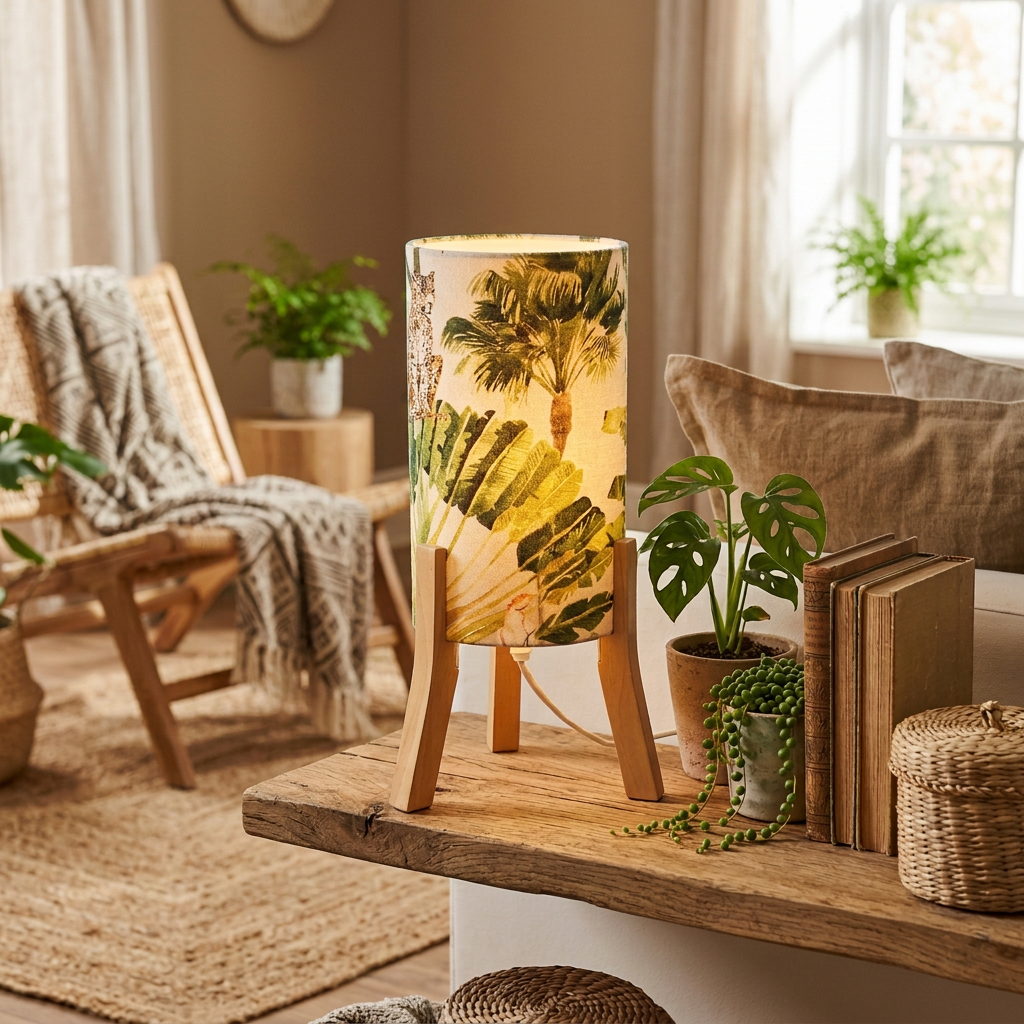 Timber Tri Legged Table Lamp with Native Palms Shade