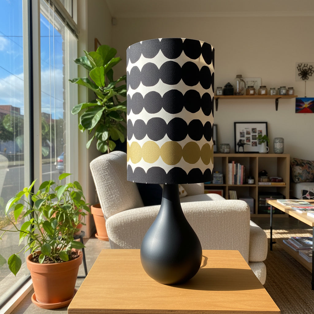 Black Ceramic Raindrop Table Lamp with Marimekko Rasymatto with Gold Shade (pair available)