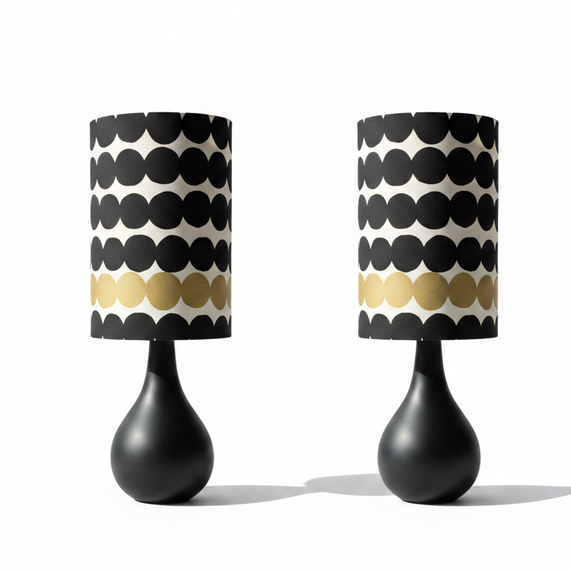 Black Ceramic Raindrop Table Lamp with Marimekko Rasymatto with Gold Shade (pair available)