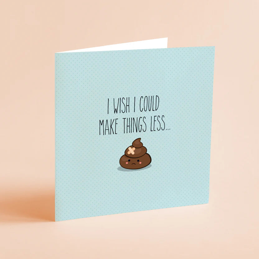 Card with a cartoon poop emoji and text on a light blue background