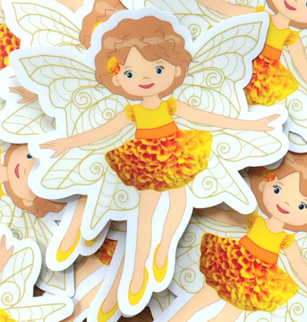 Sticker of a fairy with yellow dress and wings on a white background