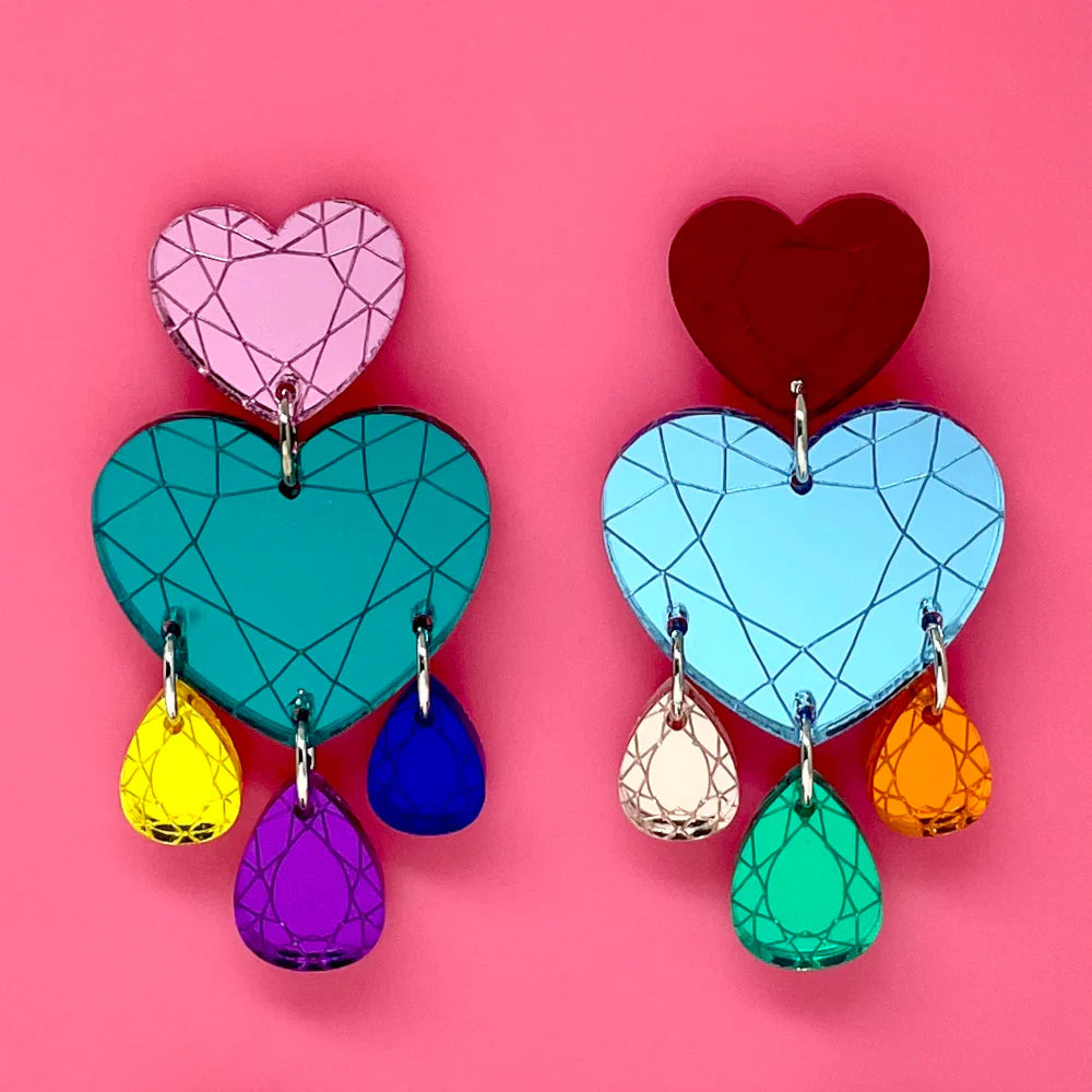 Multi-Coloured Etched Heart Chandelier Earrings