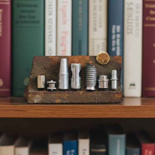 Collection of metal tools on a wooden block with books in the background