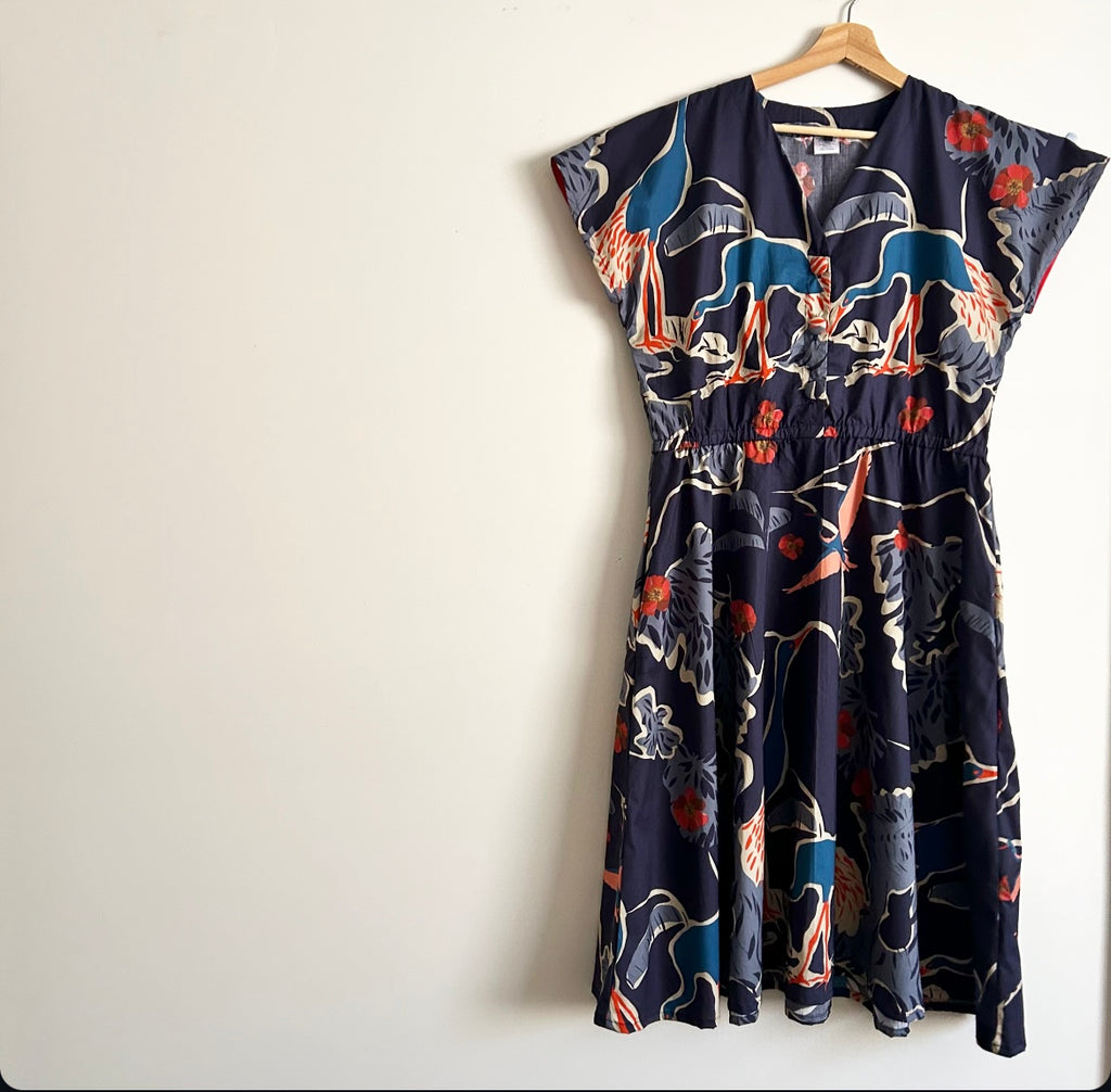 Women’s Handmade Fitted Dress with Pockets -  Navy Cranes / SMALL